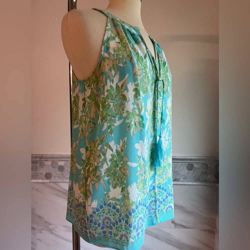 New Sleeveless Tassel Blue Torques Floral Blouses Sz M - Picture 6 of 12